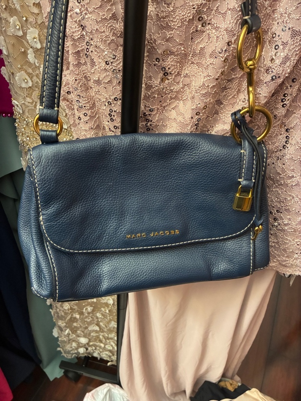 Marc Jacobs Blue Pebbled Leather Crossbody Bag with Gold Hardware